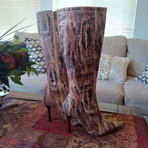 CLEARANCE SALE!! Orange and Brown Heeled Boots with Artistic Flair - Picture 2 of 12